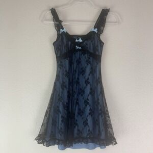 Babydoll Mini Dress 2 Black Blue Lace Bows Sheer Coquette Balletcore Fairy y2k